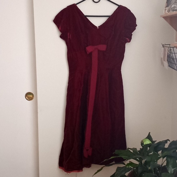 Vintage 50s Velvet Abe Schrader Burgundy Red Retro Front Bow Cocktail Dress - Picture 5 of 7